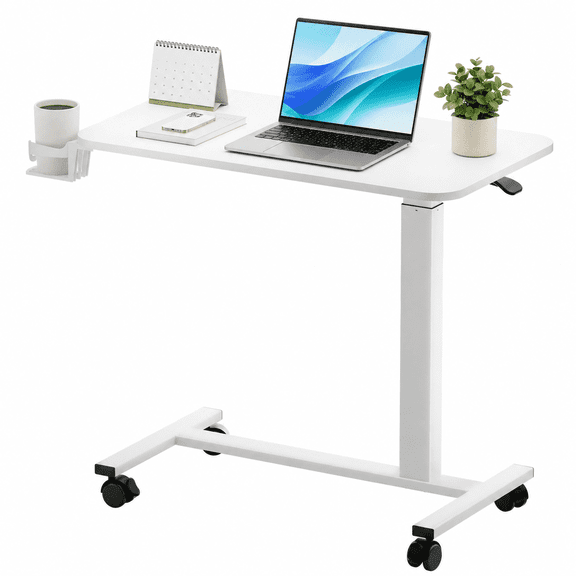 CLOUDREST PRO Mobile Standing Desk with Lockable Wheels, 32 x 18 Inch Pneumatic Adjustable Height Rolling Laptop Table, 28 to 41 Inch Portable Workstation with Cup Holder for Home Office, White