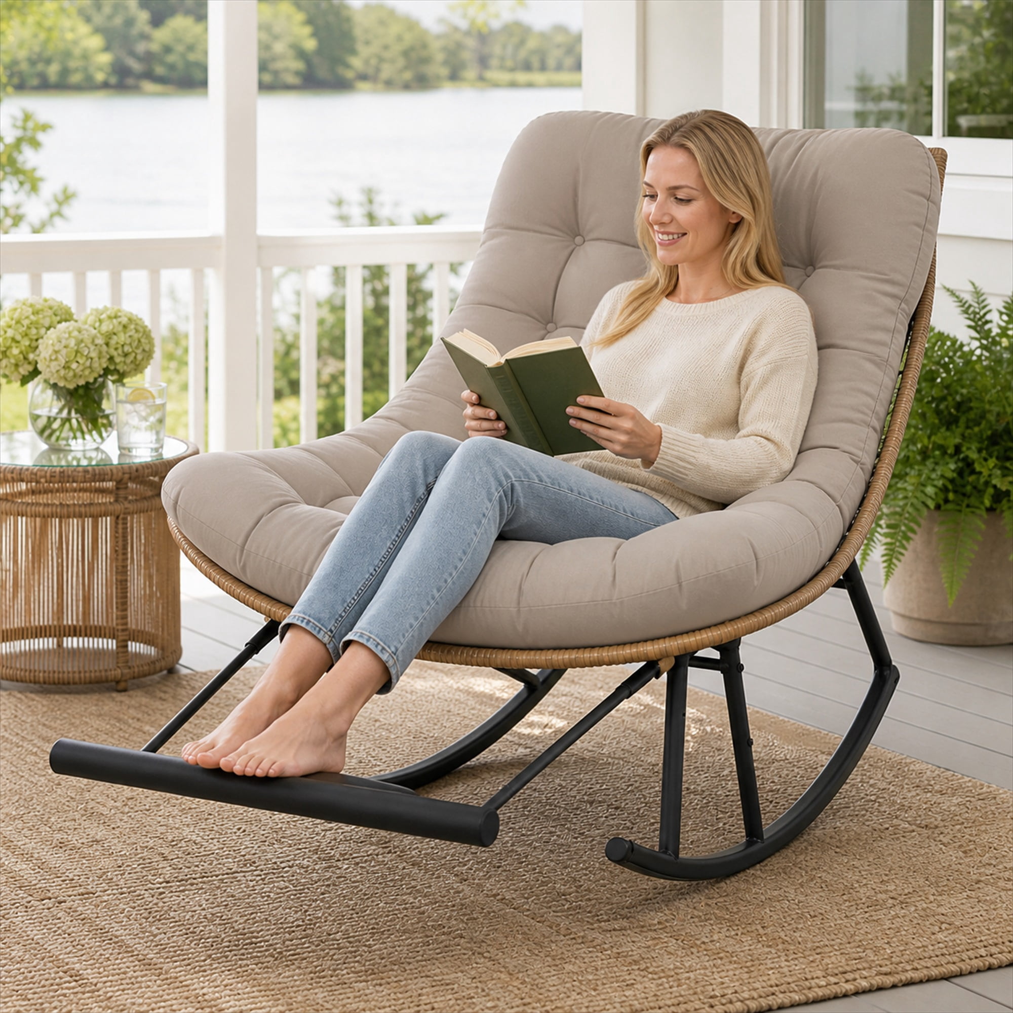 CLOUDREST PRO Outdoor Papasan Rocking Chair with Retractable Footrest, Oversized Wicker Patio Lounge Rocker with Thick Cushion and Steel Frame, 450 lb Capacity, Indoor Outdoor, Brown