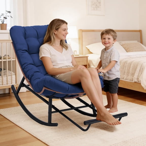 CLOUDREST PRO Outdoor Rocking Chair, Oversized Papasan Rocking Chair with Thick Cushion, Indoor Outdoor Cozy Rocker for Balcony, Living Room, Patio, Blue