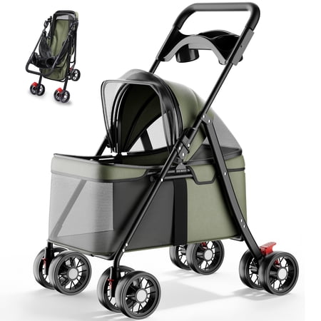 CLOUDREST PRO Pet Stroller for Small Dogs & Cats, Foldable Pet Stroller with Breathable Mesh, Swivel Wheels, Rear Brakes, 33 lbs Max Load, Olive Green