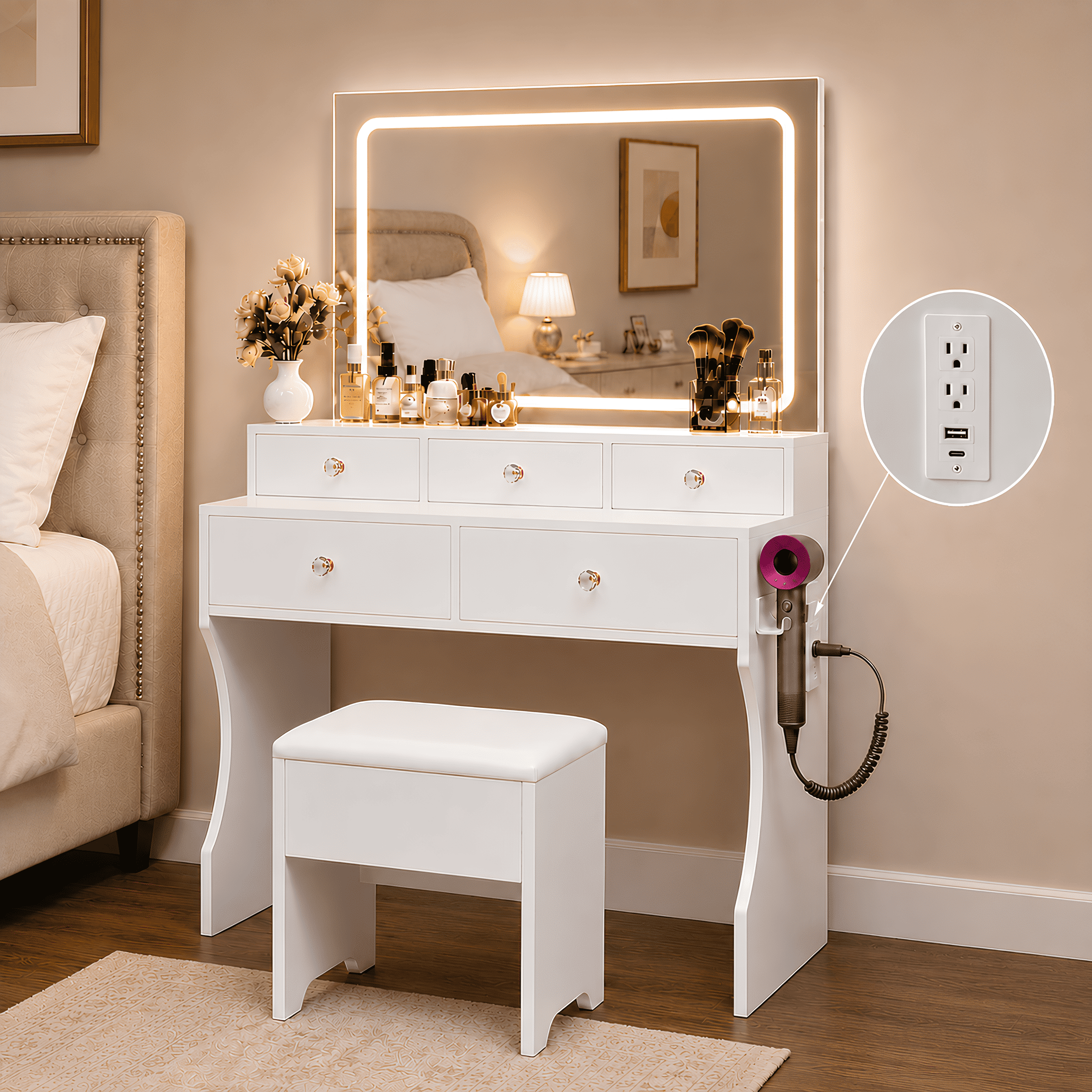 CLOUDREST PRO White Vanity Desk Set with Mirror, Makeup Vanity with LED Lights & 3 Color Modes, Adjustable Brightness, Built-in Power Strip, 5 Drawers, Dressing Table for Women Girls