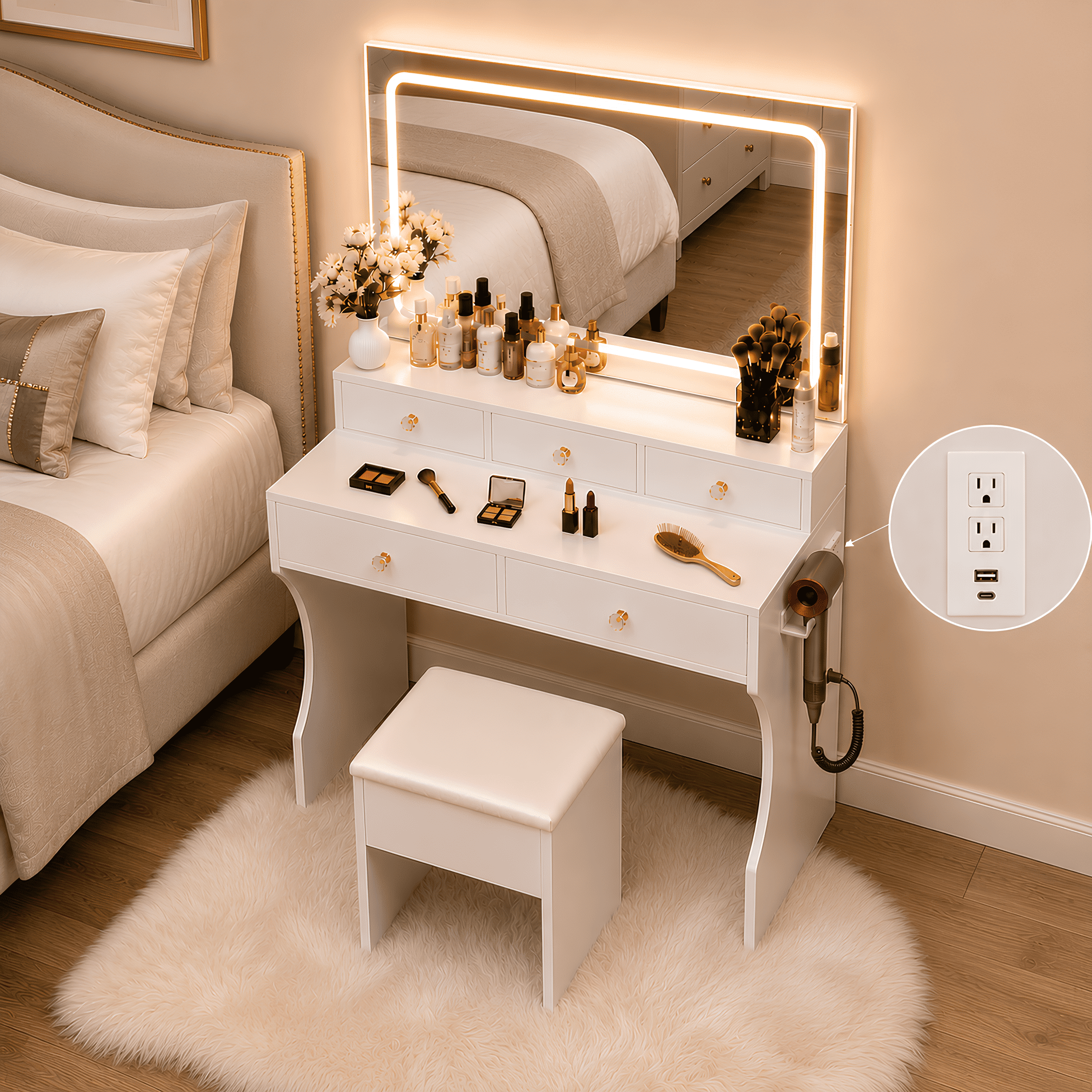 CLOUDREST PRO White Vanity Desk Set with Mirror, Makeup Vanity with LED Lights & 3 Color Modes, Adjustable Brightness, Built-in Power Strip, 5 Drawers, Dressing Table for Women Girls