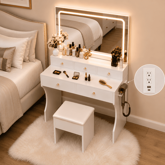 CLOUDREST PRO White Vanity Desk Set with Mirror, Makeup Vanity with LED Lights & 3 Color Modes, Adjustable Brightness, Built-in Power Strip, 5 Drawers, Dressing Table for Women Girls