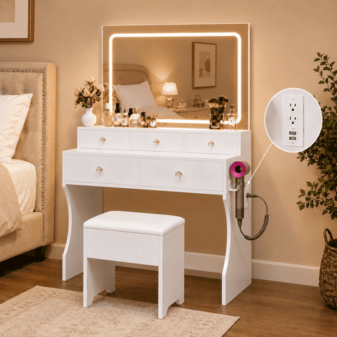 CLOUDREST PRO White Vanity Desk Set with Mirror, Makeup Vanity with LED Lights & 3 Color Modes, Adjustable Brightness, Built-in Power Strip, 5 Drawers, Dressing Table for Women Girls