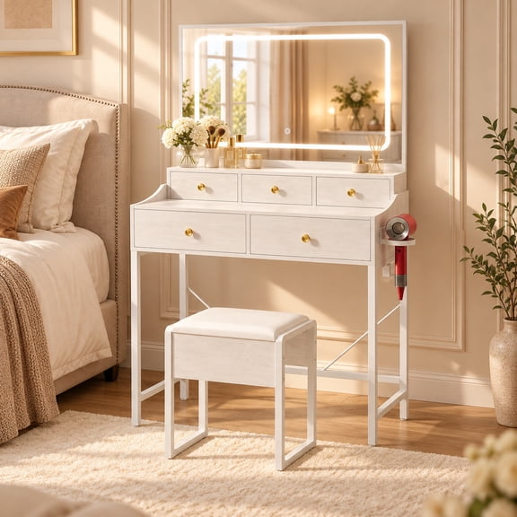 CLOUDREST PRO White Vanity Set with Mirror and Lights Makeup Vanity Desk with 5 Drawers, 2 AC Outlets, 2 USB Ports, Hair Dryer Holder and Padded Stool
