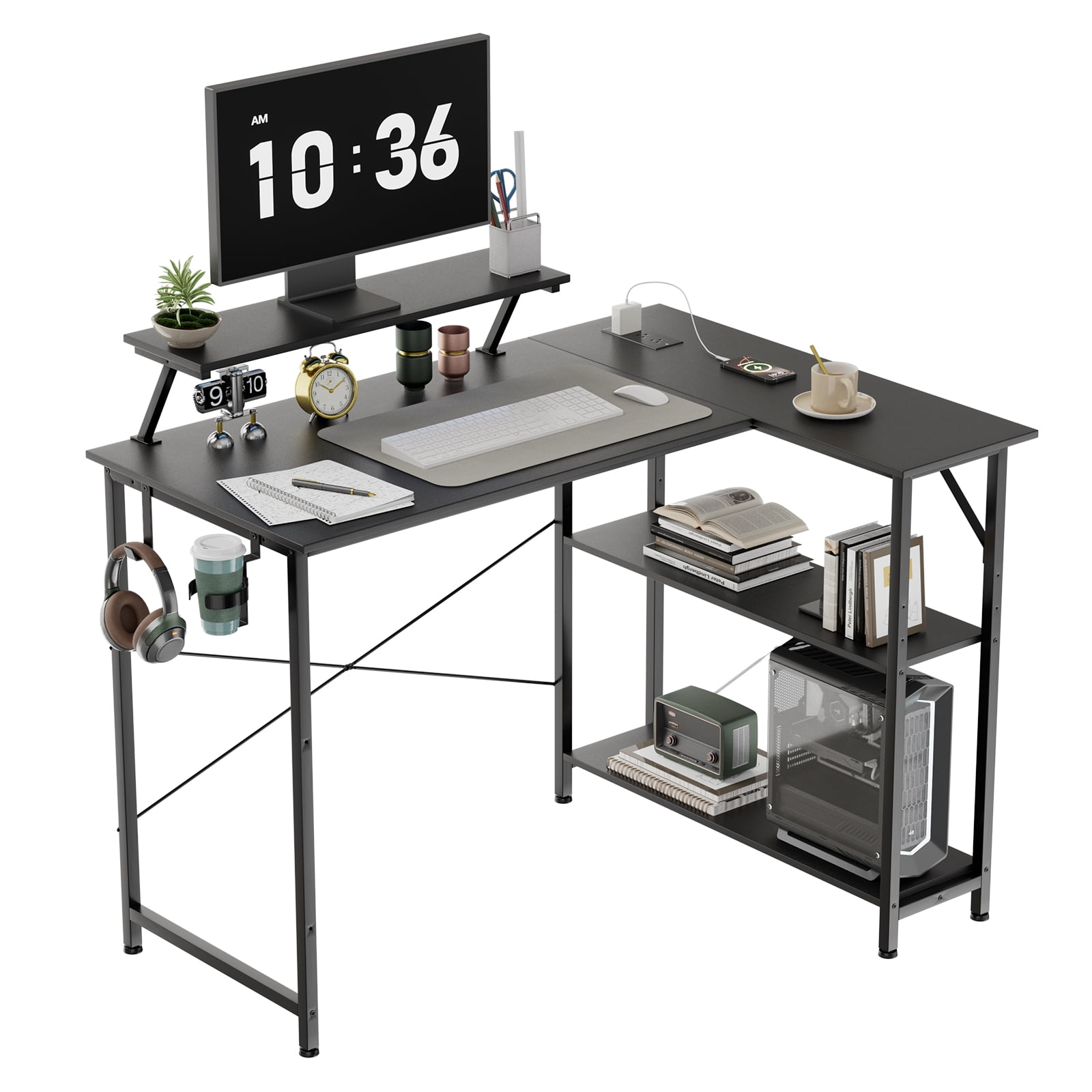 CLOUDREST PTO 42" L-Shaped Office Desk with Power Outlets & RGB LEDs, Black