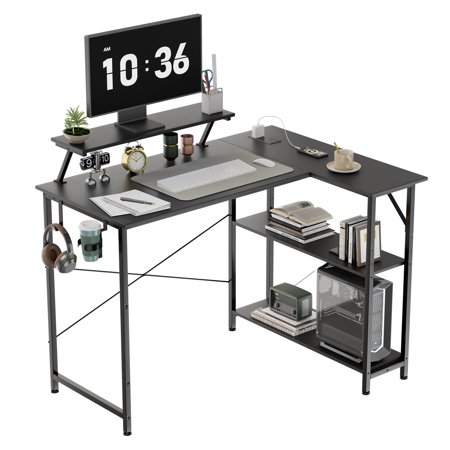CLOUDREST PTO 42" L-Shaped Office Desk with Power Outlets & RGB LEDs, Black