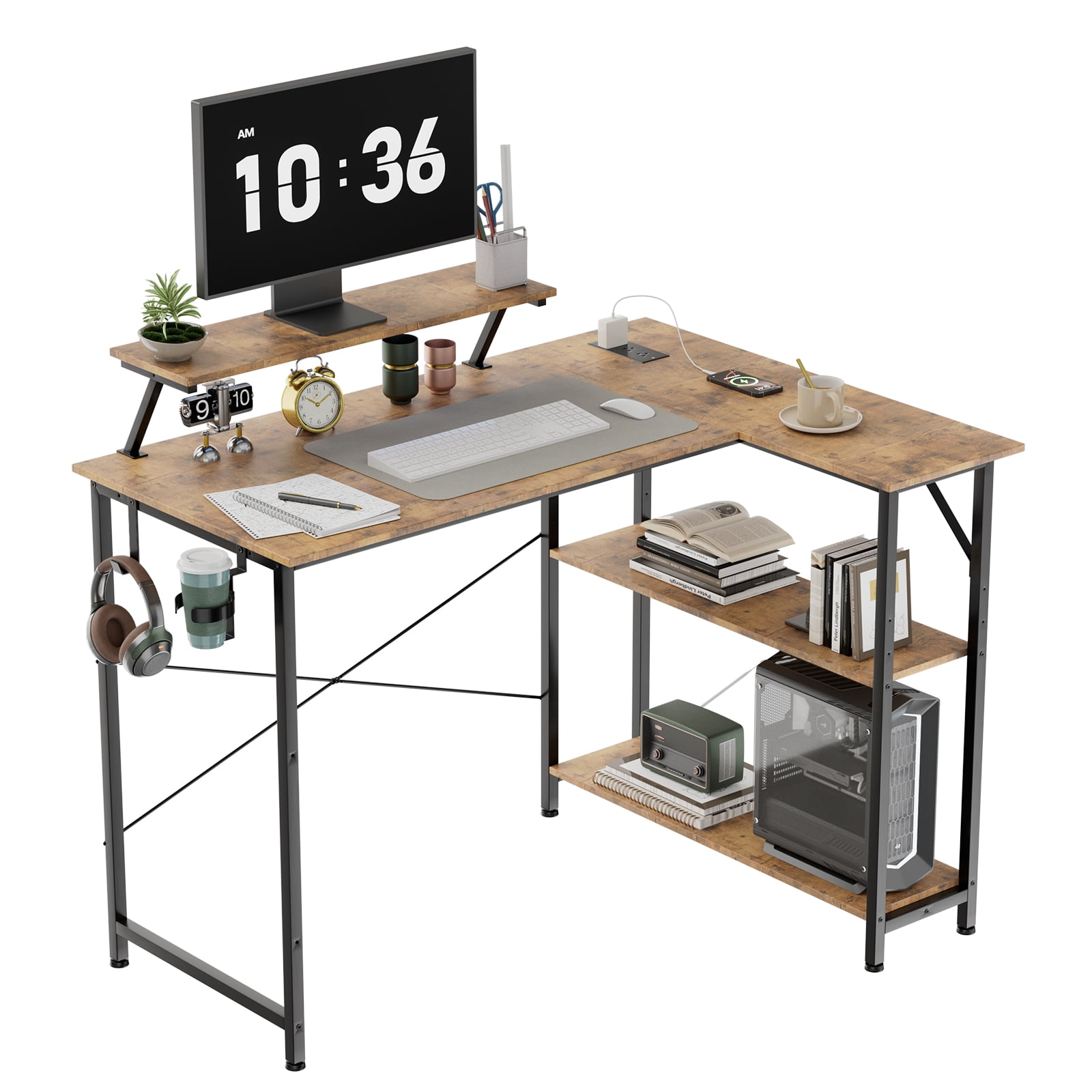 CLOUDREST PTO 42" L-Shaped Office Desk with Power Outlets & RGB LEDs, Brown