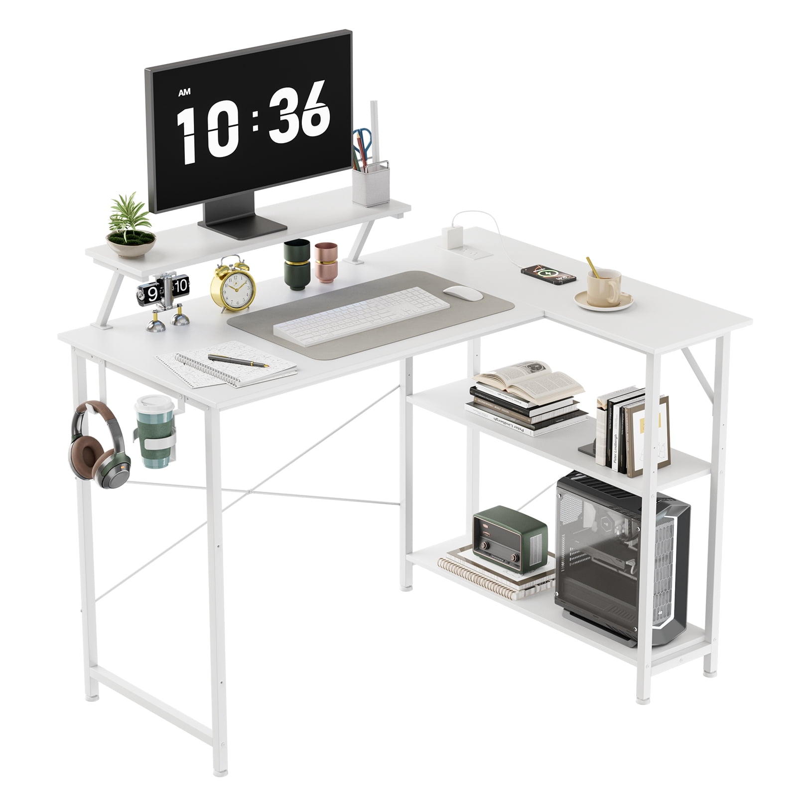 CLOUDREST PTO 42" L-Shaped Office Desk with Power Outlets & RGB LEDs, White