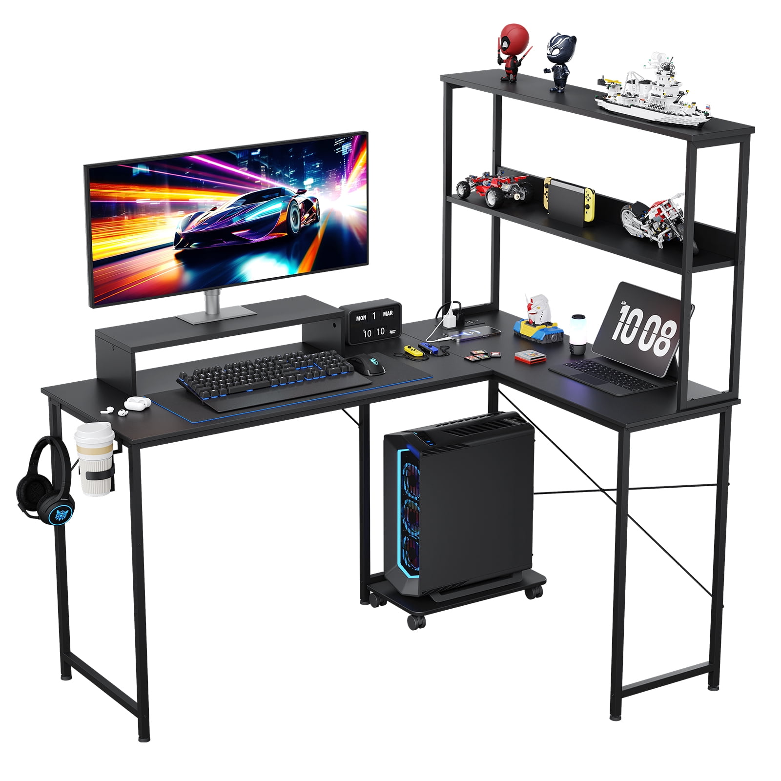 CLOUDREST PTO 53" L-Shaped Gaming Desk, Power Outlets & RGB LEDs, Black
