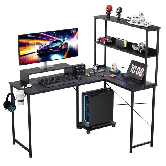 CLOUDREST PTO 53" L-Shaped Gaming Desk, Power Outlets & RGB LEDs, Black