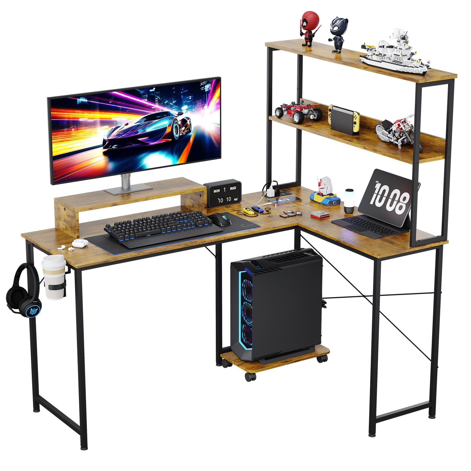 CLOUDREST PTO 53" L-Shaped Gaming Desk, Power Outlets & RGB LEDs, Brown