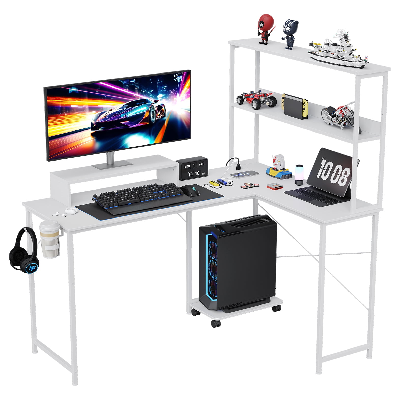 CLOUDREST PTO 53" L-Shaped Gaming Desk, Power Outlets & RGB LEDs, White