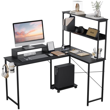 CLOUDREST PTO 53" L-Shaped Office Desk with Hutch & Power Outlets, Black