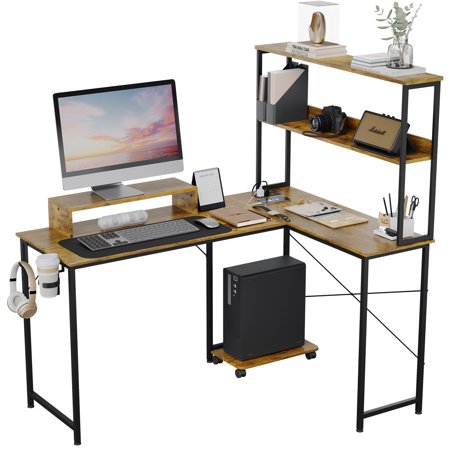 CLOUDREST PTO 53" L-Shaped Office Desk with Hutch & Power Outlets, Brown