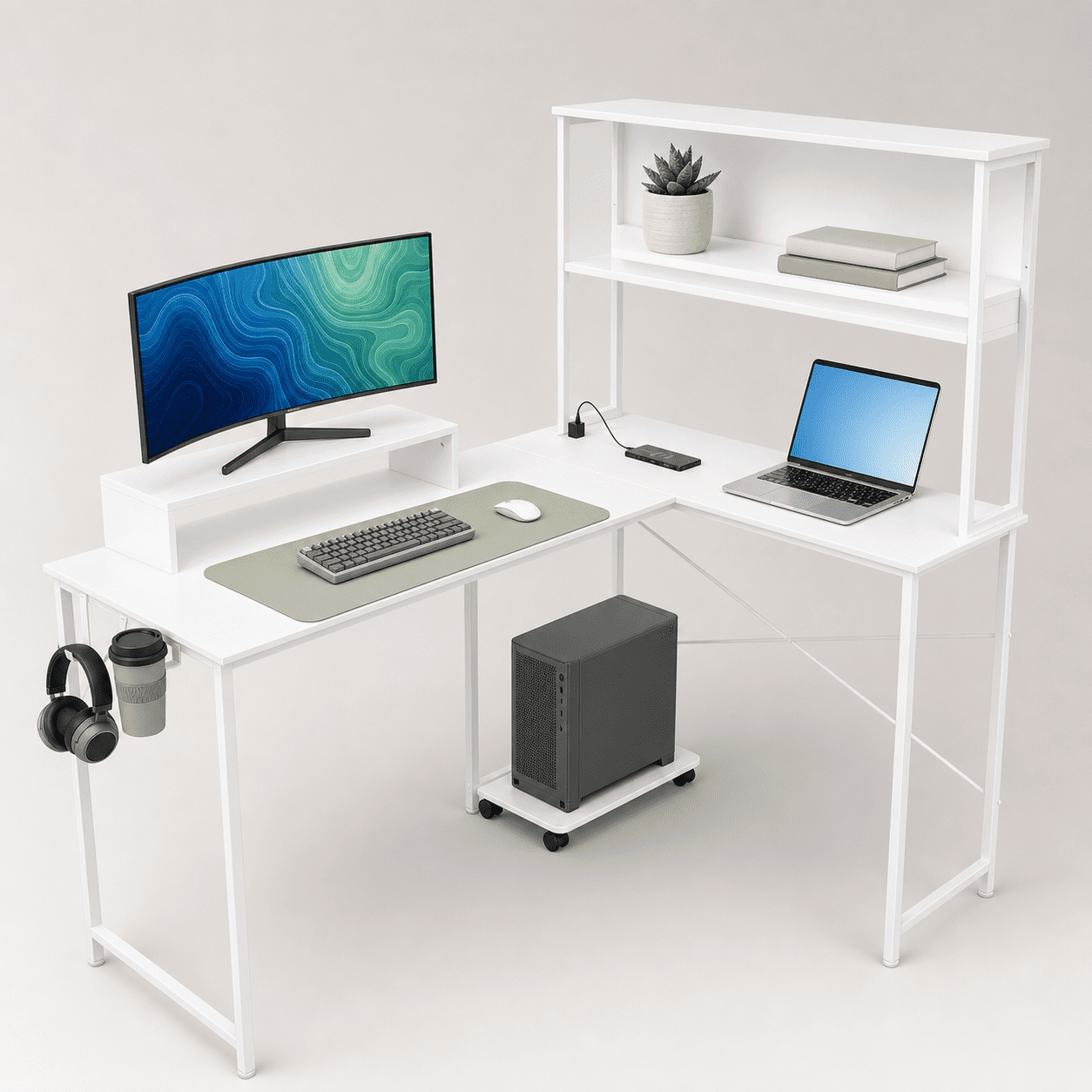 CLOUDREST PTO 53" L-Shaped Office Desk with Hutch & Power Outlets, White