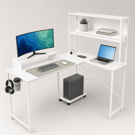 CLOUDREST PTO 53" L-Shaped Office Desk with Hutch & Power Outlets, White