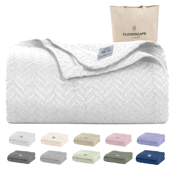Cloudscape 100% Cotton King Size Blanket, Herringbone Weave, 108"x92" Soft Heavyweight Blanket for Summer and All Season, Fits King and Cal King Beds, White