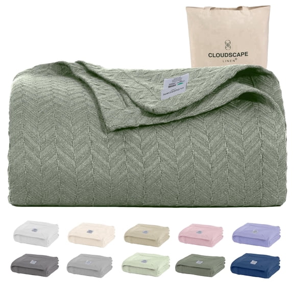 Cloudscape 100% Cotton Queen Size Blanket, Herringbone Weave, 92"x92", Soft Heavyweight Blanket for Summer and All Season, Fits Queen and Full Beds, Olive Green