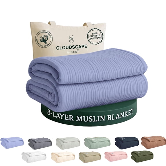 Cloudscape 8 Layer Muslin Blanket for Adults, 100% Cotton Gauze Blanket, All-Season Soft Lightweight Breathable Blankets, King, Lavender Blue
