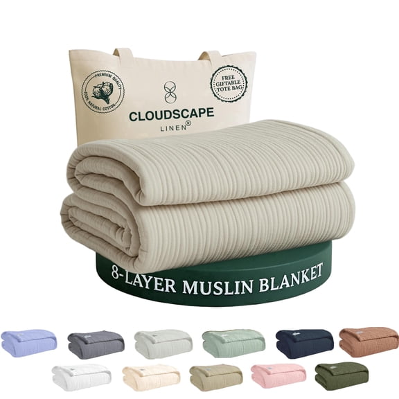 CLOUDSCAPE 8 Layer Muslin Blanket for Adults, 100% Cotton Gauze Blanket, All-Season Soft Lightweight Breathable Blankets, Queen, Fog