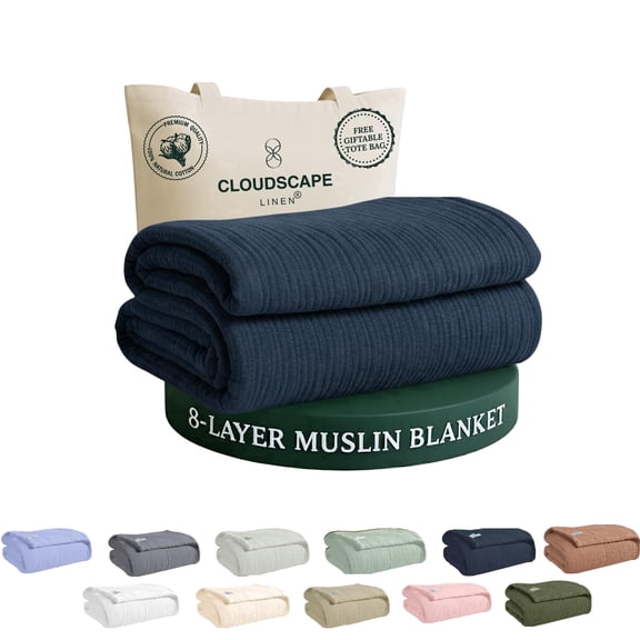 CLOUDSCAPE 8 Layer Muslin Blanket for Adults, 100% Cotton Gauze Blanket, All-Season Soft Lightweight Breathable Blankets, Twin, Ensign Blue