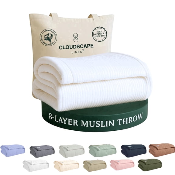 Cloudscape 8 Layer Muslin Blanket for Adults - 100% Cotton Muslin Throw Blanket - 50" x 70" Oversized Gauze Throw for Sofa, Couch- Soft Lightweight Breathable Summer Throws for Gifting - White