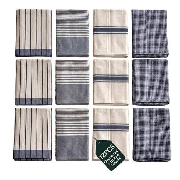 CLOUDSCAPE Kitchen Towels, Set of 12, Premium Cotton Dish Towels for Kitchen, 18" x 28" Oversized Hand Towel, Quick Absorbent & Drying Tea Towel with Hanging Loop - Indigo