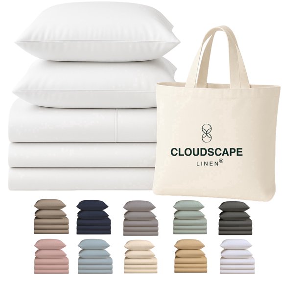 Cloudscape 100% Egyptian Cotton Queen Size, 5 Pieces Sheet Set, 400 Thread Count, 17" Extra Deep Pocket Cooling Sheets For All Season -White