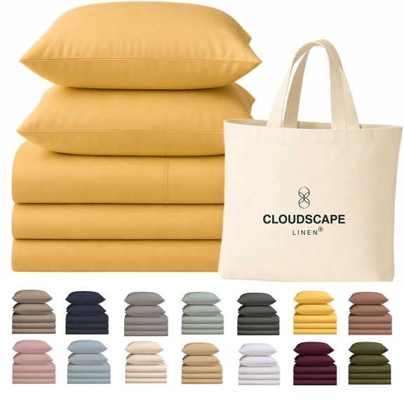 CLOUDSCAPE Split King Sheets Sets for Adjustable Bed - 100% Egyptian Cotton Bedding, 400 Thread Count 5-Pieces Deep Pocket Sheets for a 17" Snug Fit, Ultra Soft Cooling Summer Beds - Mineral Yellow