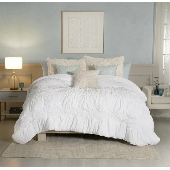 CLOUDY WHITE COLOR EMBROIDERY AND FLUFFY EFFECT REVERSIBLE COMFORTER SET 1 PCS CALIFORNIA KING SIZE