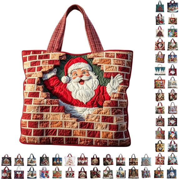 CLOUJI Christmas Gift Bags Quilted Santa Print Tote Large Capacity Holiday Shopping Shoulder Reusable Festive Grocery for Women Xmas