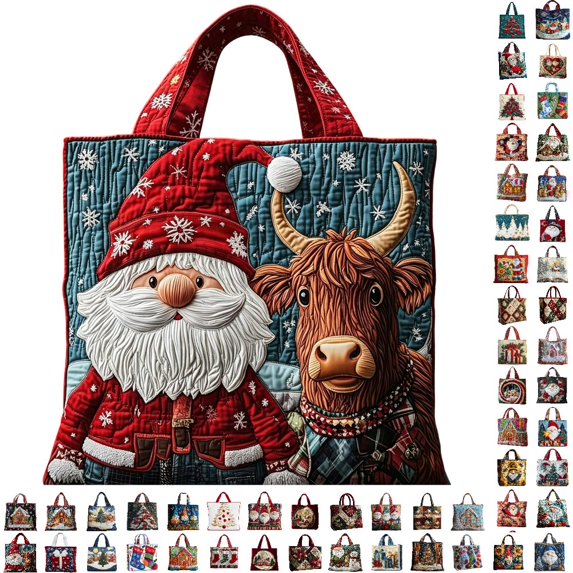 CLOUJI Christmas Tote Bag Quilted 3D Embossed Santa Cow Pattern Large Capacity Shoulder Handbag Reusable Grocery Shopping Holiday
