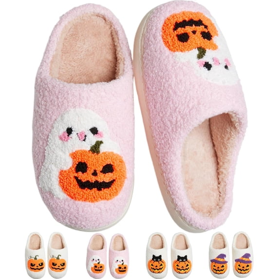 CLOUJI Cute Fuzzy House Halloween Print Slippers for Women Non- Memory Foam Shoes