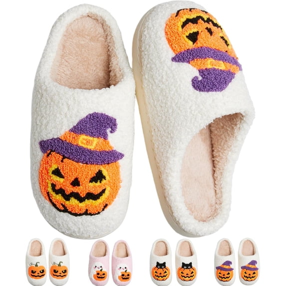 CLOUJI Cute Fuzzy House Halloween Print Slippers for Women Non- Memory Foam Shoes