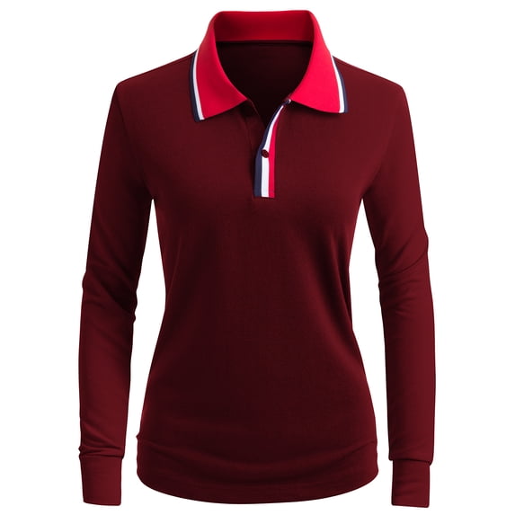CLOVERY Women's Activewear 2-Button Long Sleeve Point Collar Polo Shirt (S-3XL)