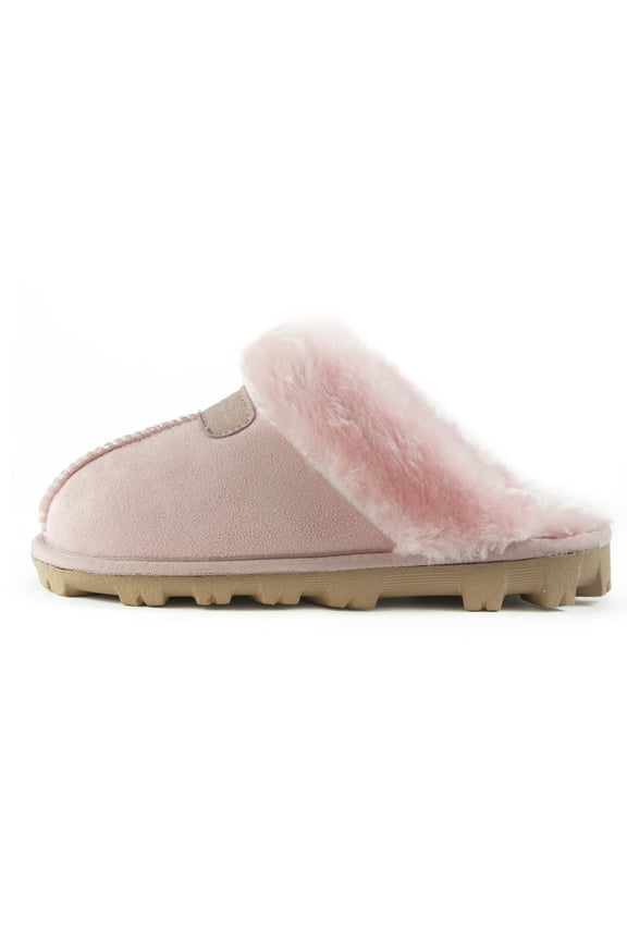 Womens Slip on Faux Fur Warm Winter Mules Fluffy Suede Comfy Slippers - Pink - 8