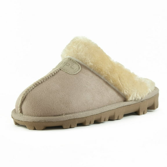 CLPP'LI Womens Slip on Faux Fur Warm Winter Mules Fluffy Suede Comfy Slippers - Sand - 10