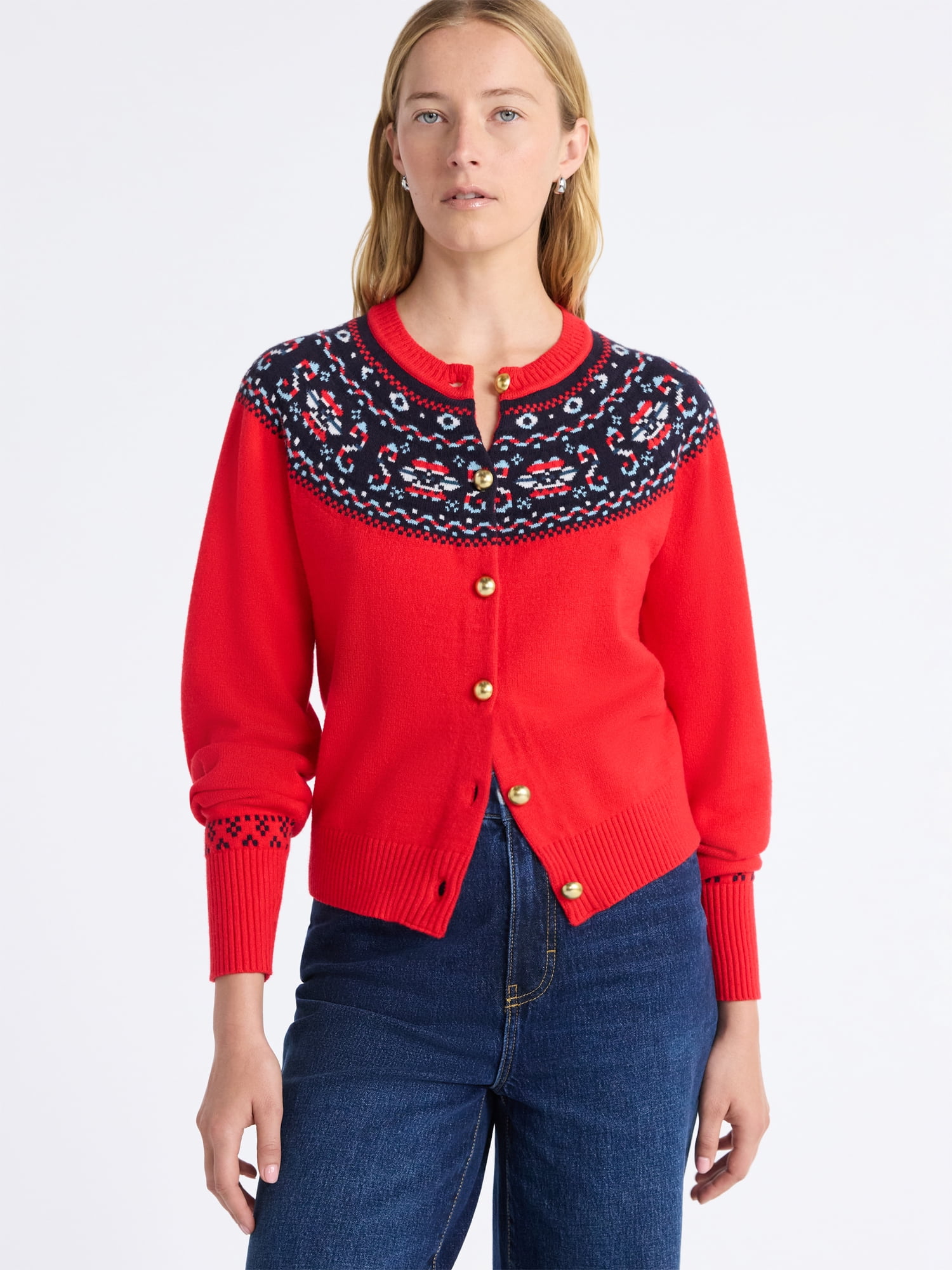 Free Assembly Women's Cozy Yarn Fair Isle Cardigan Sweater, Midweight, Sizes XS-XXL