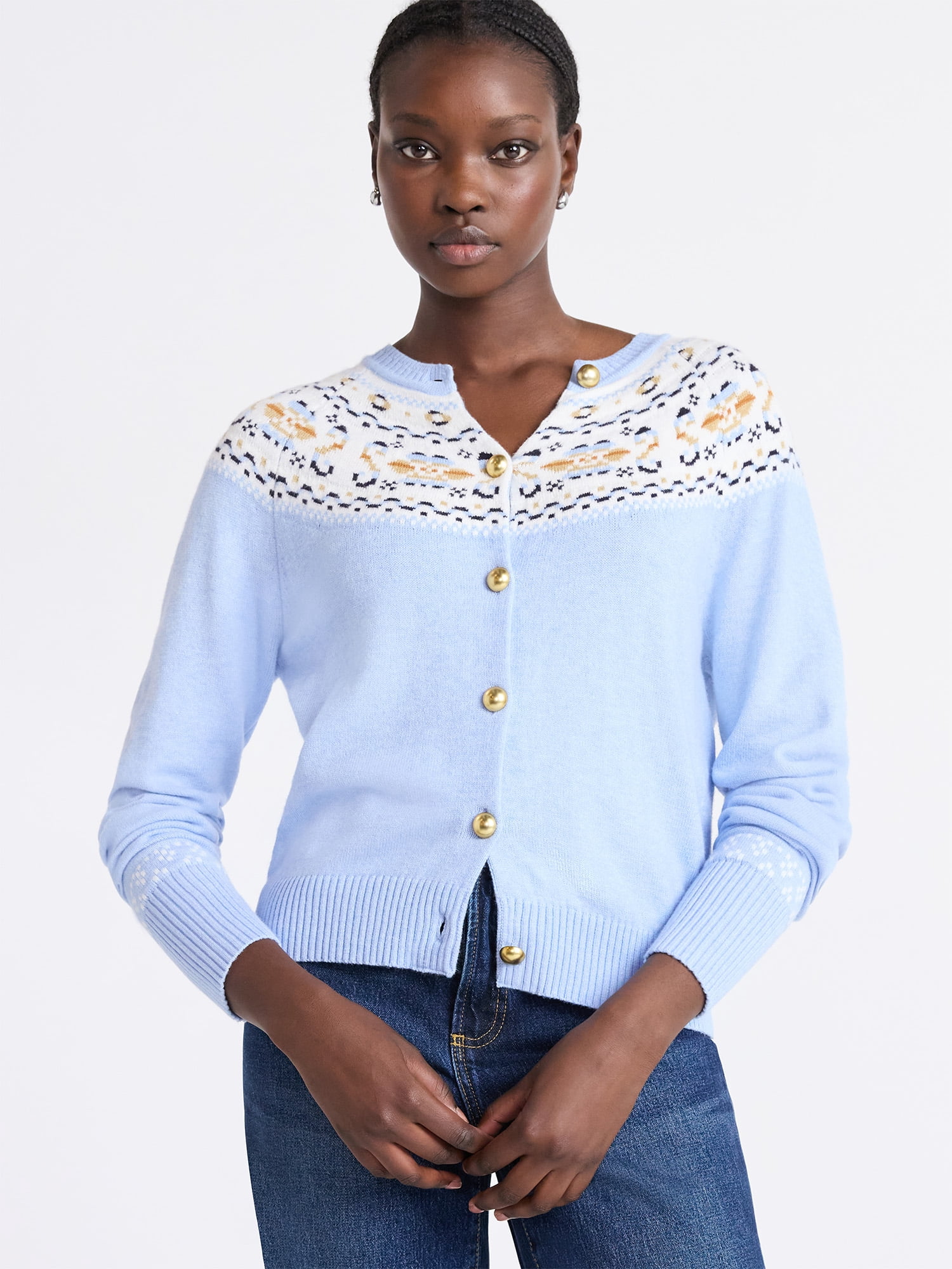 Free Assembly Women's Cozy Yarn Fair Isle Cardigan Sweater, Midweight, Sizes XS-XXL