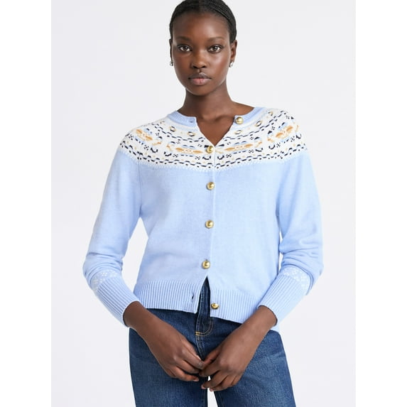 Free Assembly Women's Cozy Yarn Fair Isle Cardigan Sweater, Midweight, Sizes XS-XXL