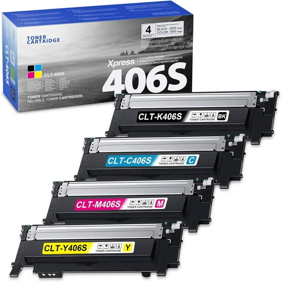 CLT-406S Toner Cartridge Set - (Black, Cyan, Magenta, Yellow) CLT-K406S CLT-C406S CLT-M406S CLT-Y406S Toner Replacement for Samsung Xpress C410W C460W C460FW Printe 4-Pack
