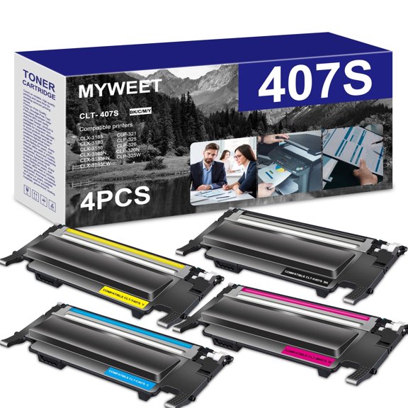 CLT-407S Toner Cartridge Compatible for Samsung CLT-407S Toner to use with CLP-320 CLP-320N CLP-325W CLX 3180 3185N 3185FW Printer (1BK+1C+1M+1Y)