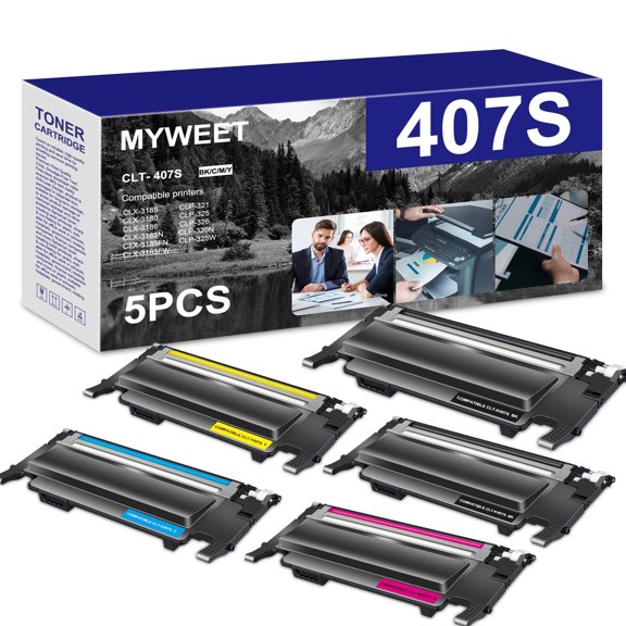 CLT-407S Toner Cartridge Compatible for Samsung CLT-407S Toner to use with CLP-320 CLP-320N CLP-325W CLX 3180 3185N 3185FW Printer (2BK+1C+1M+1Y)