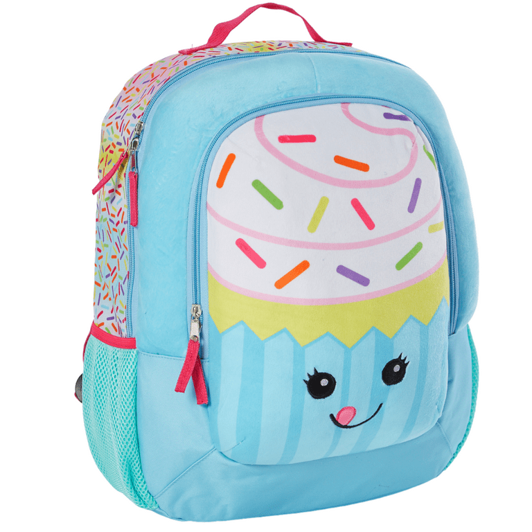 CLUB LIBBY LU Cupcake Girls Backpack Plush Front Pocket Cupcake Bookbag 16 inch Blue