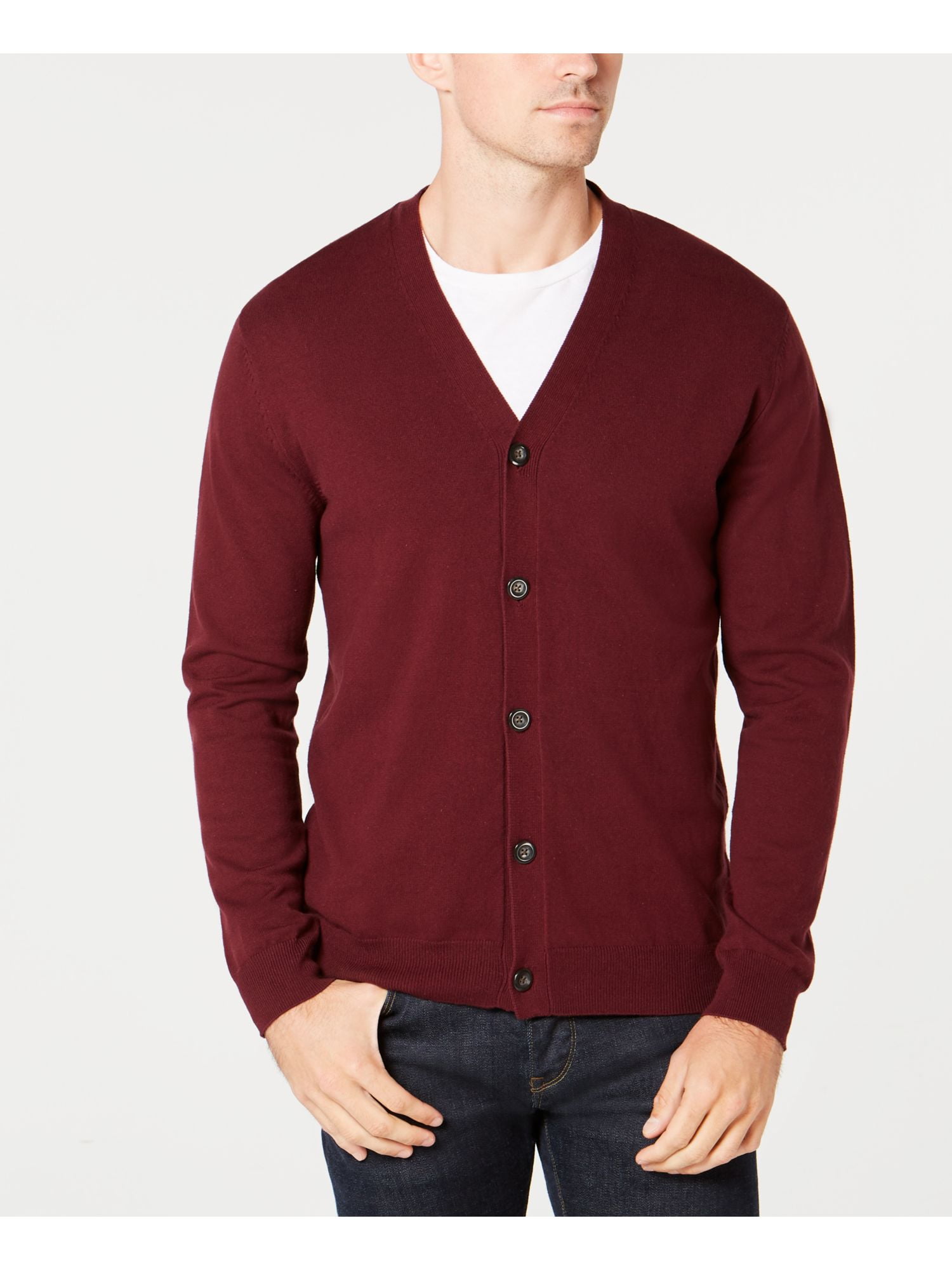 CLUBROOM Mens Burgundy Long Sleeve V Neck Classic Fit Button Down ...