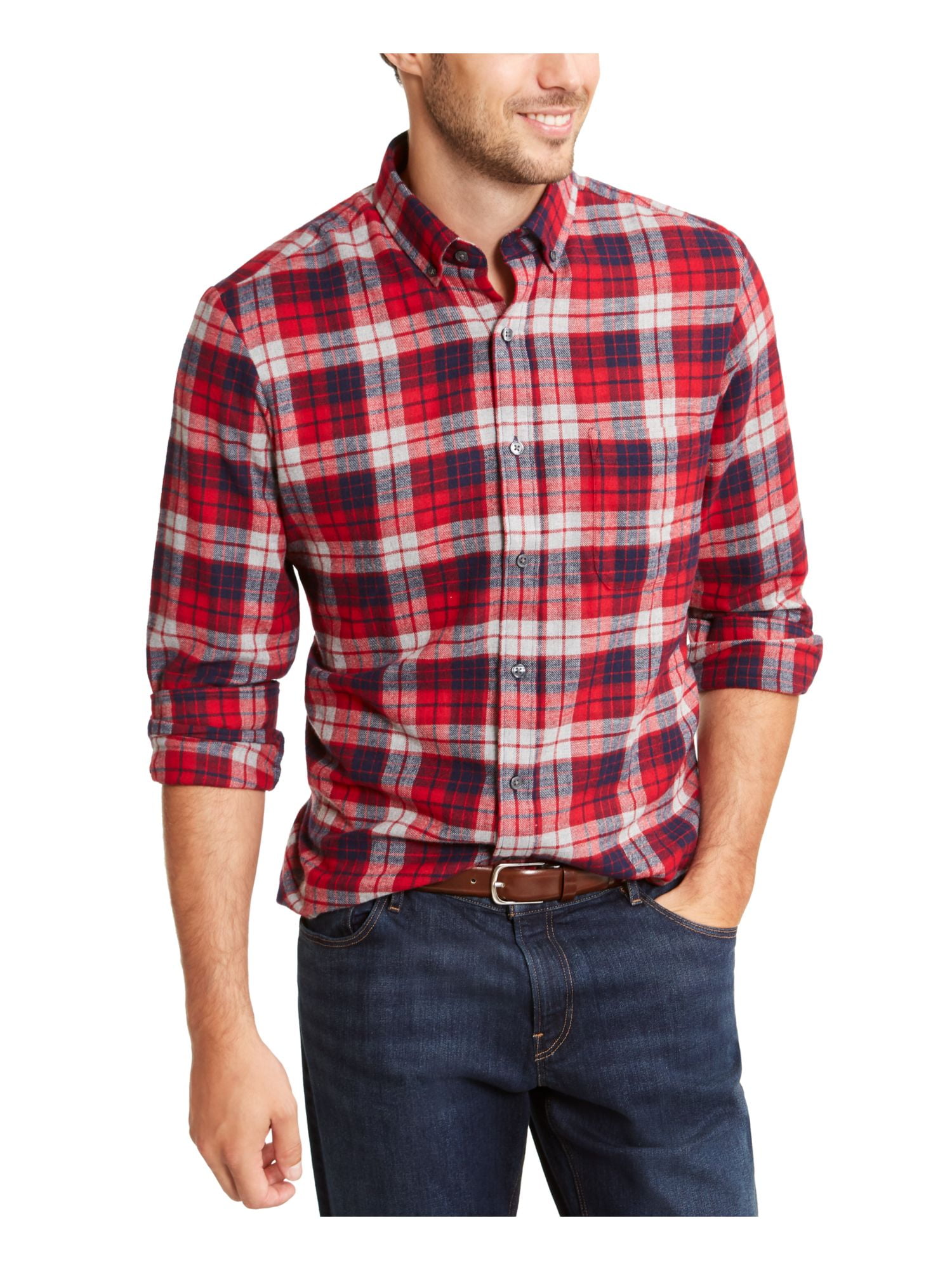 CLUBROOM Mens Red Plaid Long Sleeve Collared Classic Fit Button Down