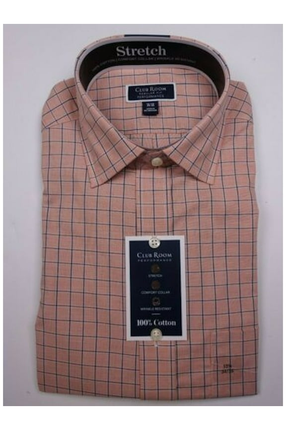 CLUBROOM Mens Red Windowpane Plaid Point Collar Classic Fit Performance Stretch Dress Shirt 15.5- 34/35