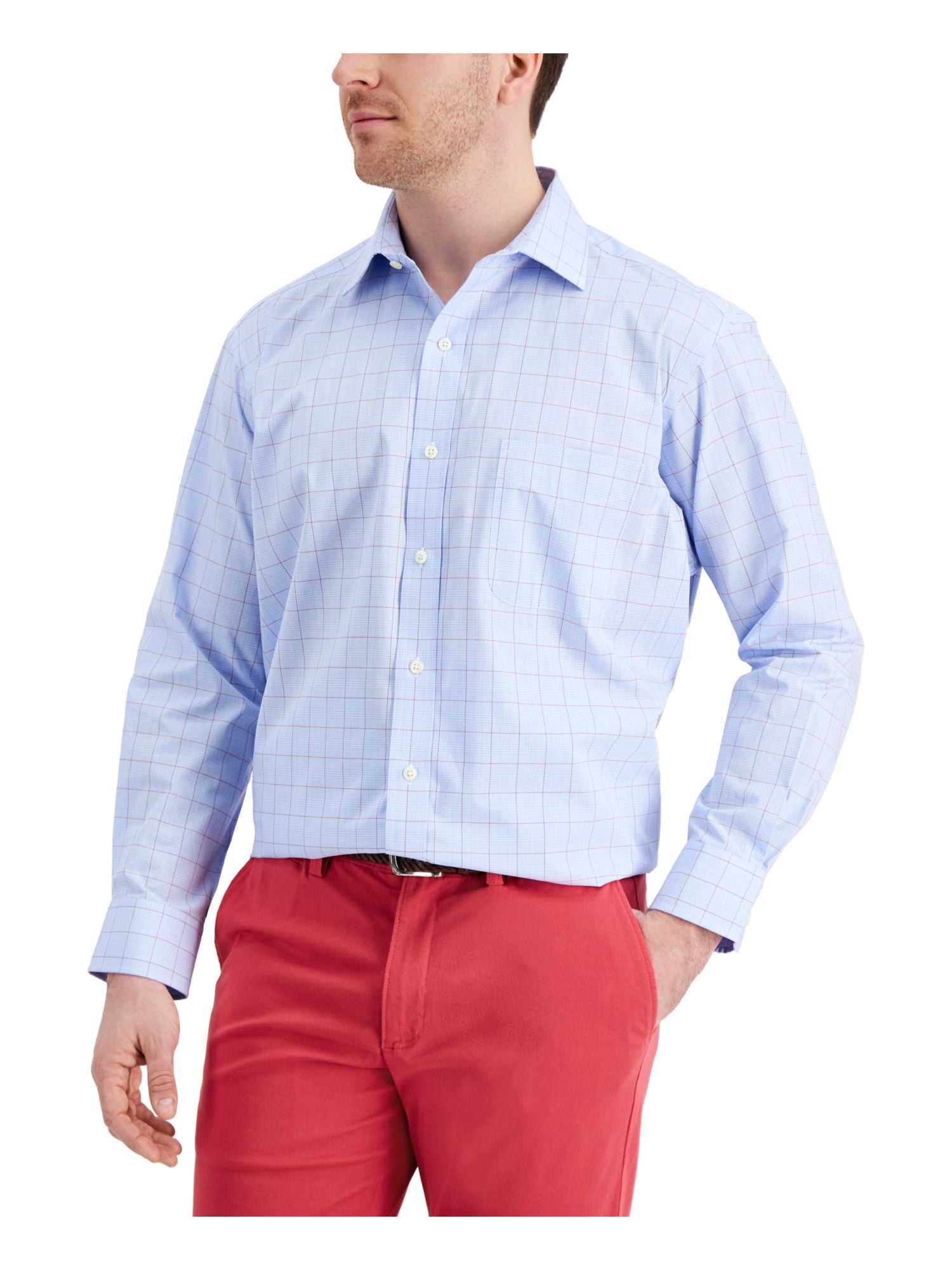CLUBROOM PERFORMANCE Mens Light Blue Plaid Spread Collar Classic
