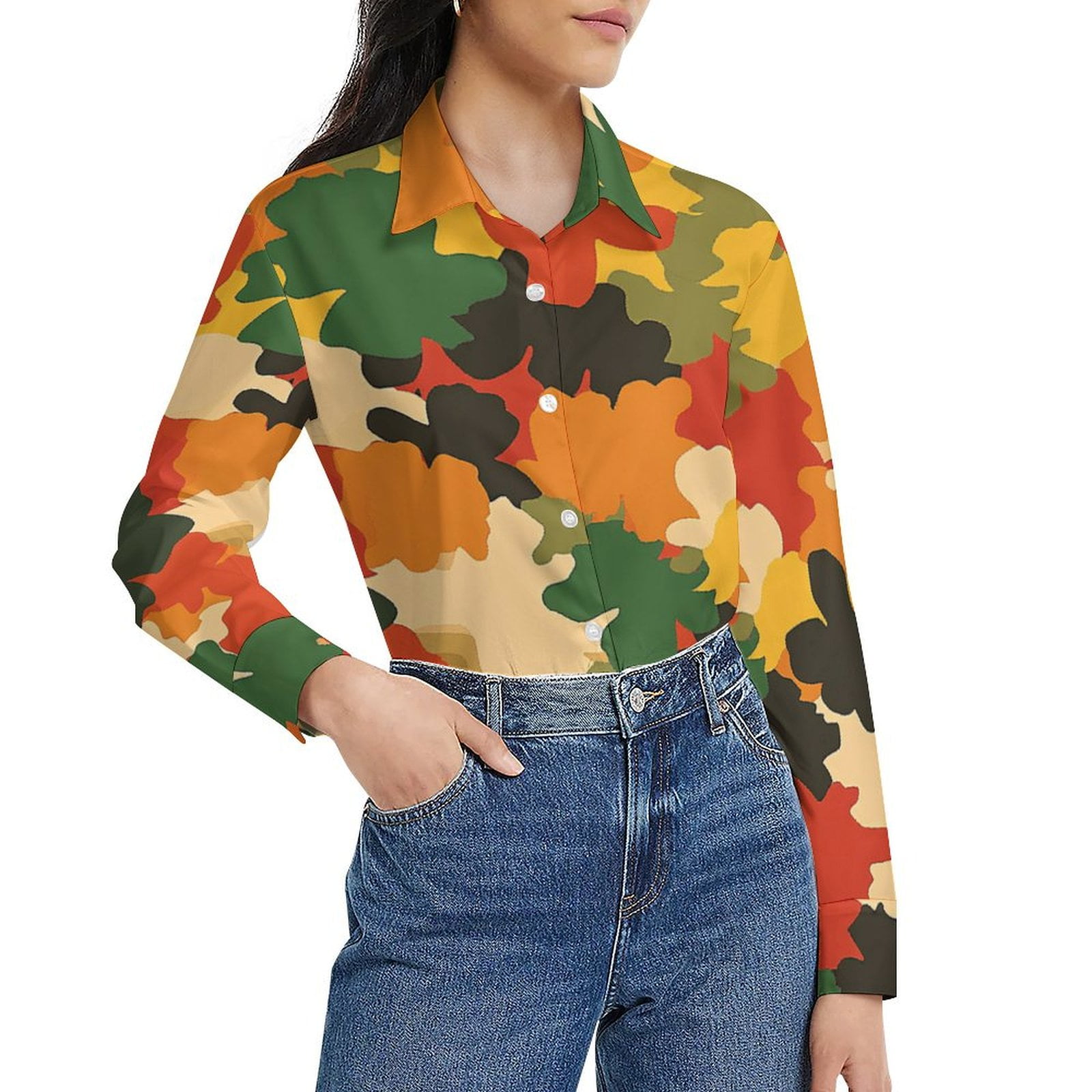 CLXMCS Camo Flower Silhouettes35 Women's Long Sleeve Tops, Button Down